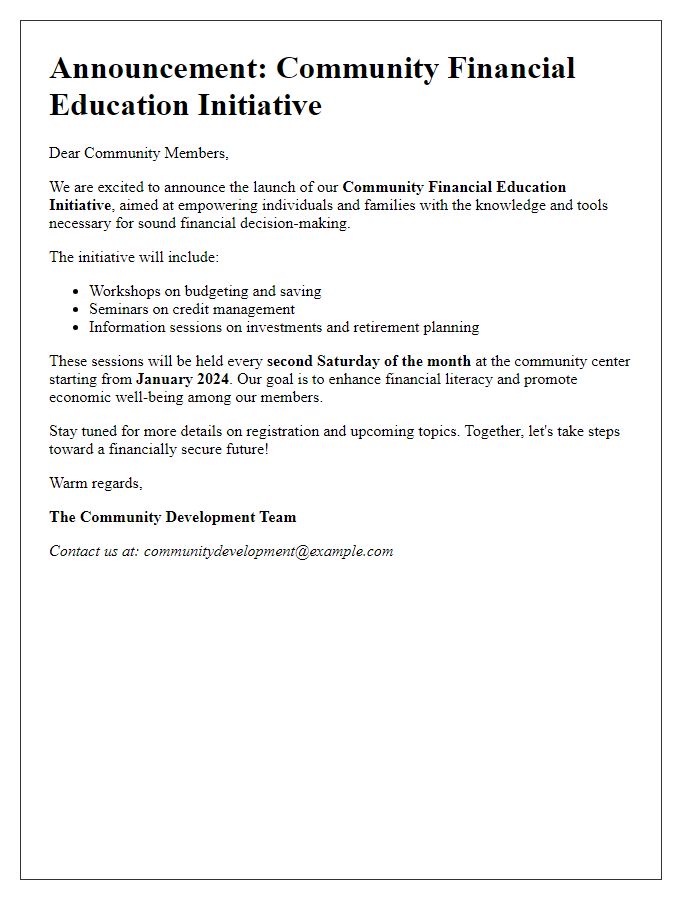 Letter template of community financial education initiative announcement.