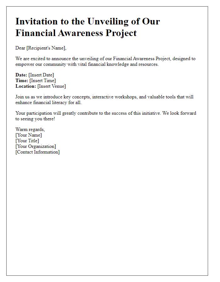 Letter template of financial awareness project unveiling.