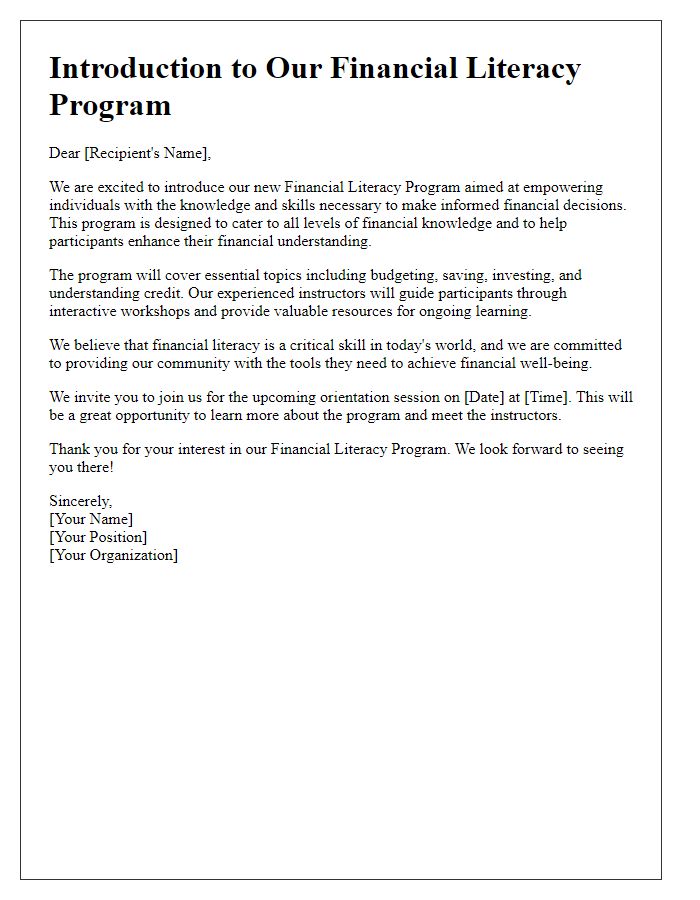 Letter template of financial literacy program introduction.