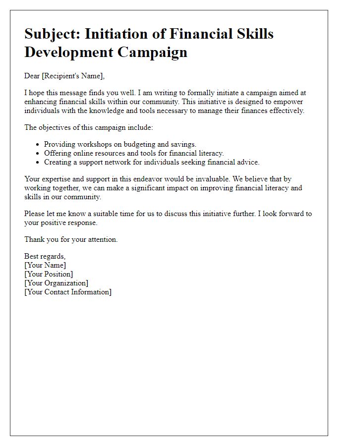 Letter template of financial skills development campaign initiation.