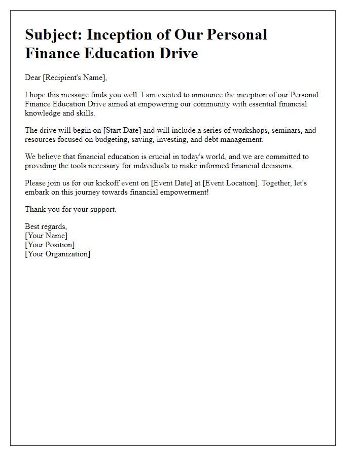 Letter template of personal finance education drive inception.