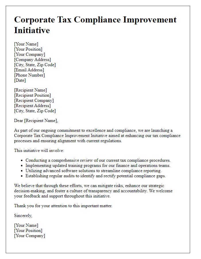 Letter template of corporate tax compliance improvement initiative