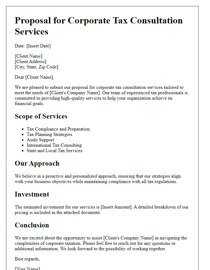 Letter template of corporate tax consultation services proposal