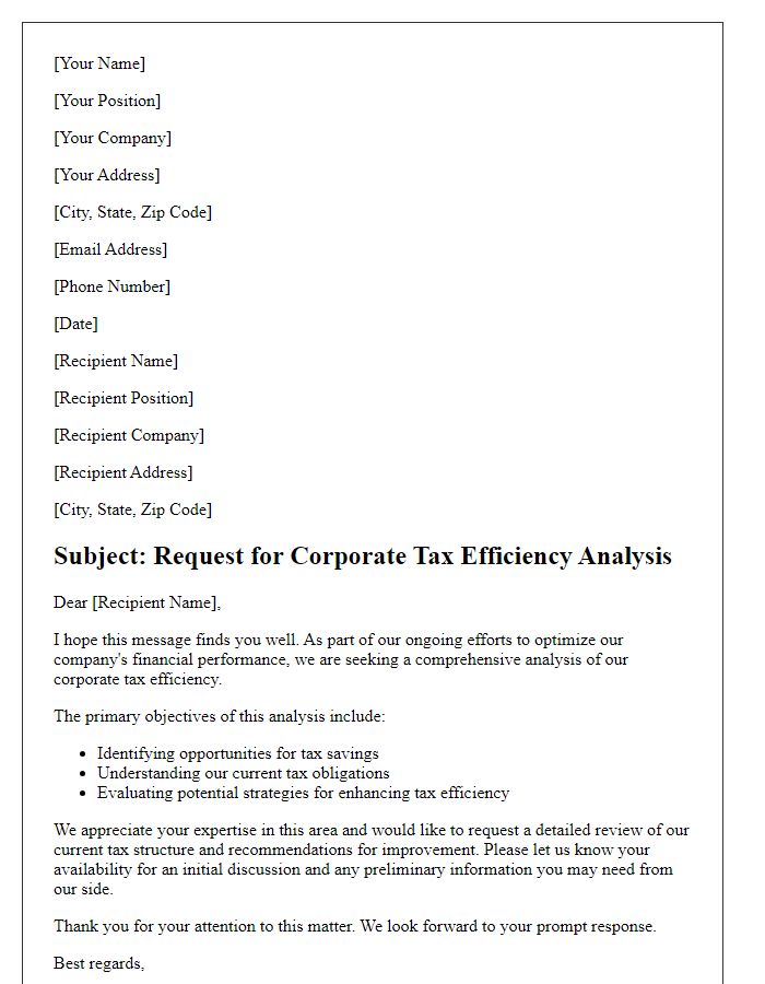 Letter template of corporate tax efficiency analysis request