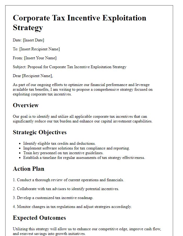 Letter template of corporate tax incentive exploitation strategy