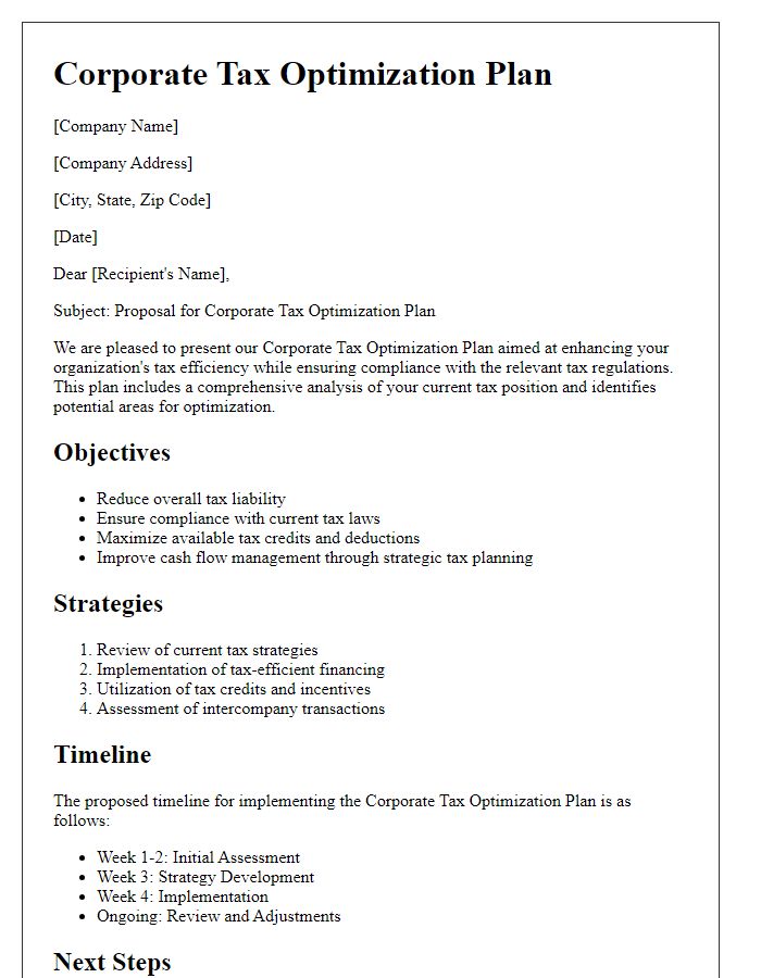 Letter template of corporate tax optimization plan