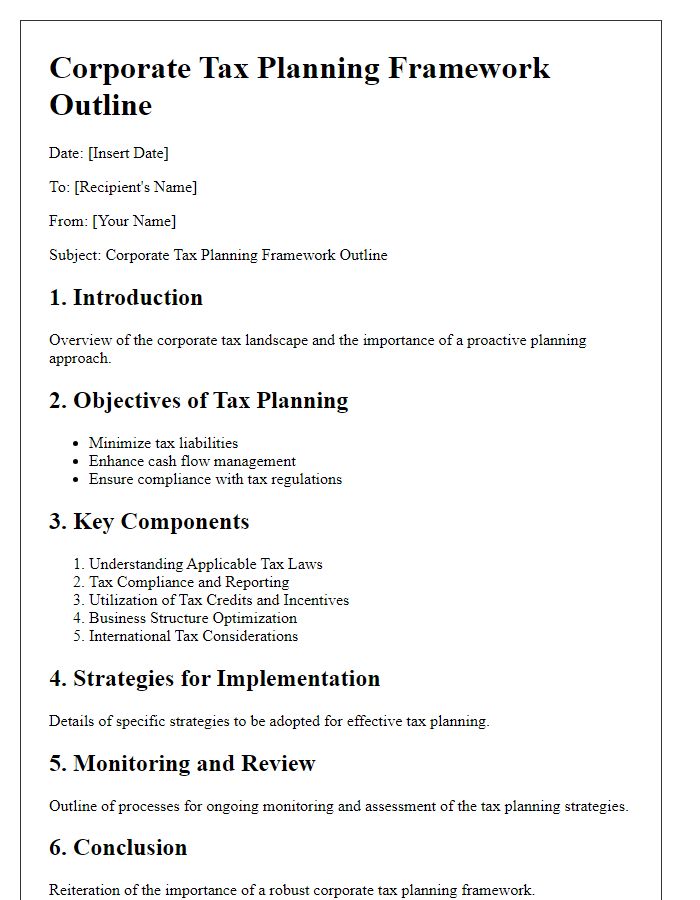 Letter template of corporate tax planning framework outline