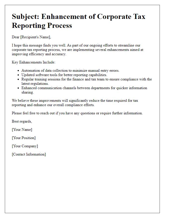 Letter template of corporate tax reporting process enhancement