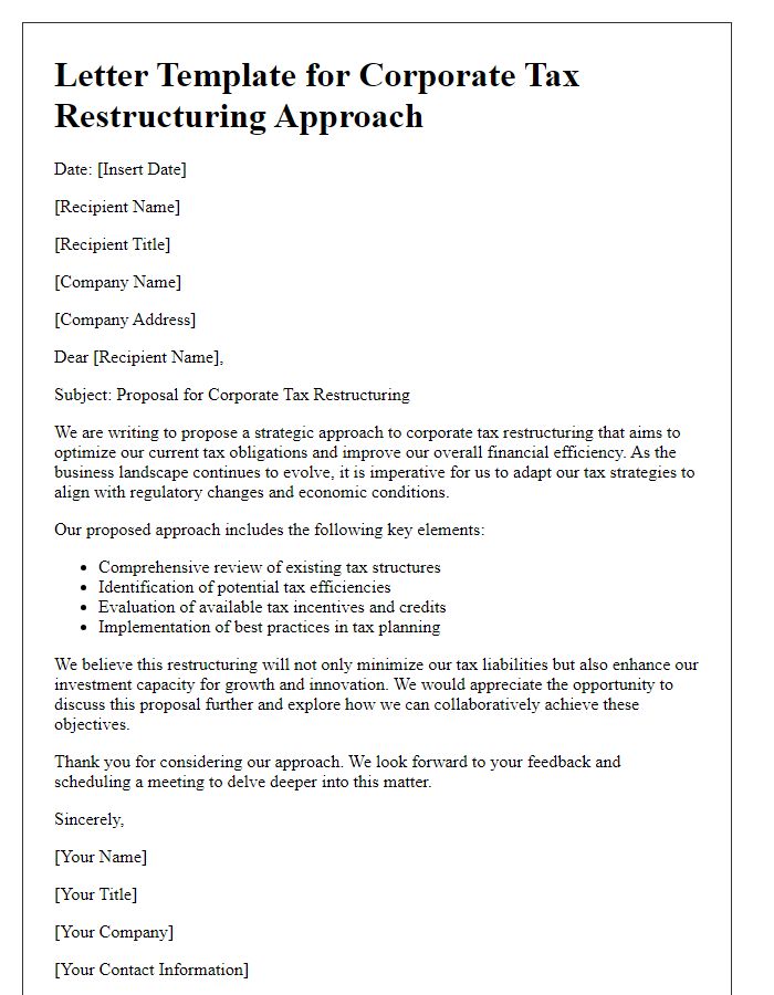 Letter template of corporate tax restructuring approach