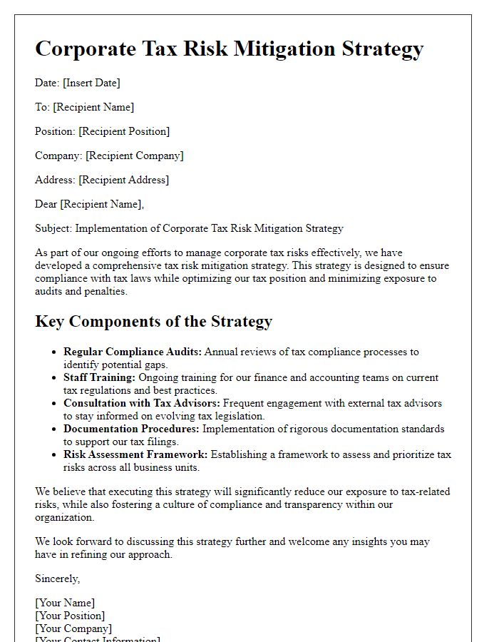 Letter template of corporate tax risk mitigation strategy