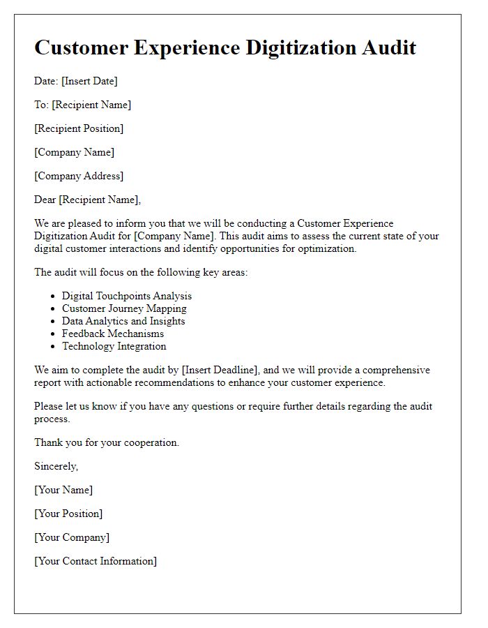 Letter template of customer experience digitization audit