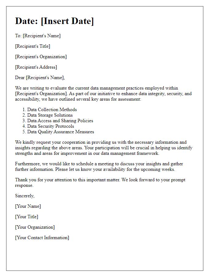 Letter template of data management practices evaluation