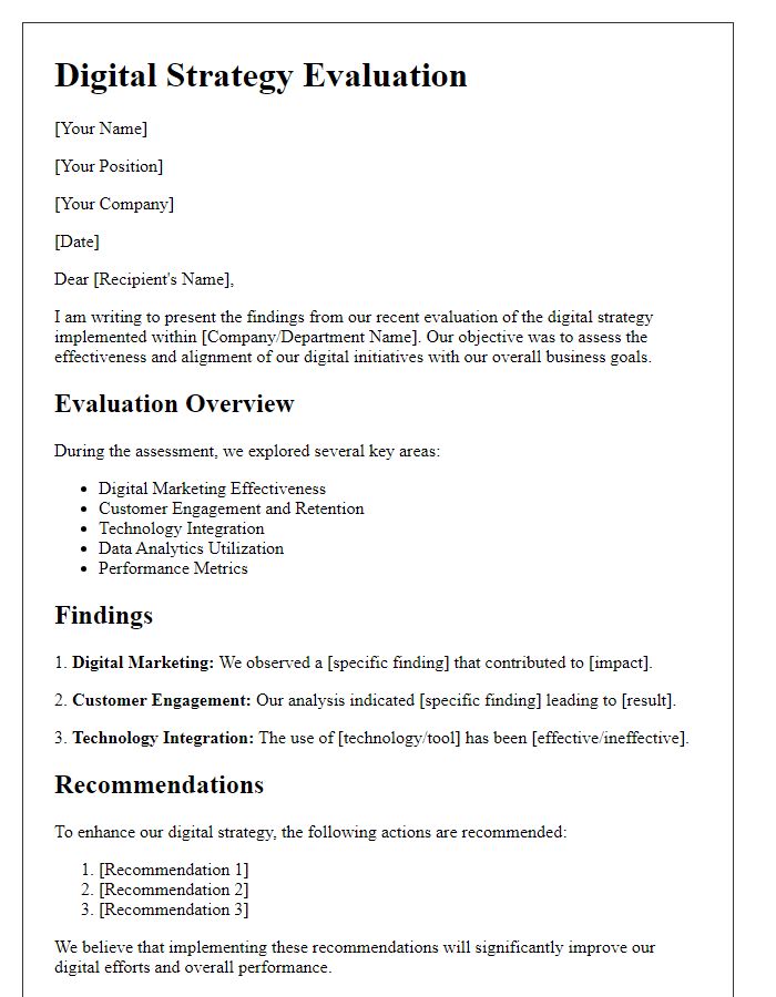 Letter template of digital strategy evaluation