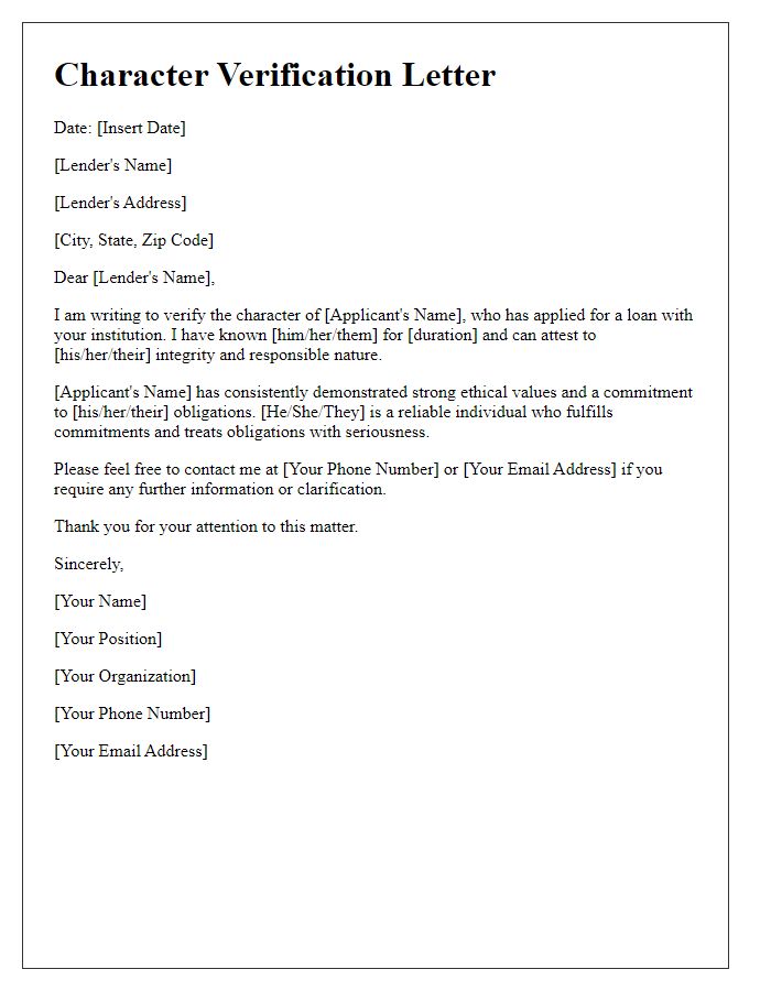 Letter template of character verification letter for loan submission