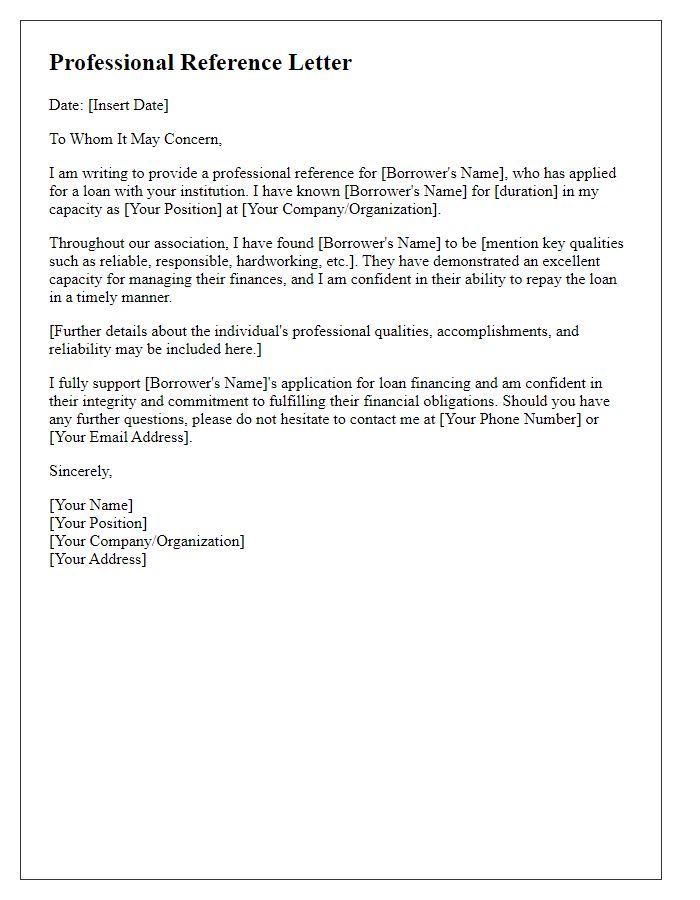 Letter template of professional reference for loan financing