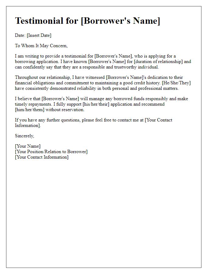 Letter template of testimonial for borrowing application