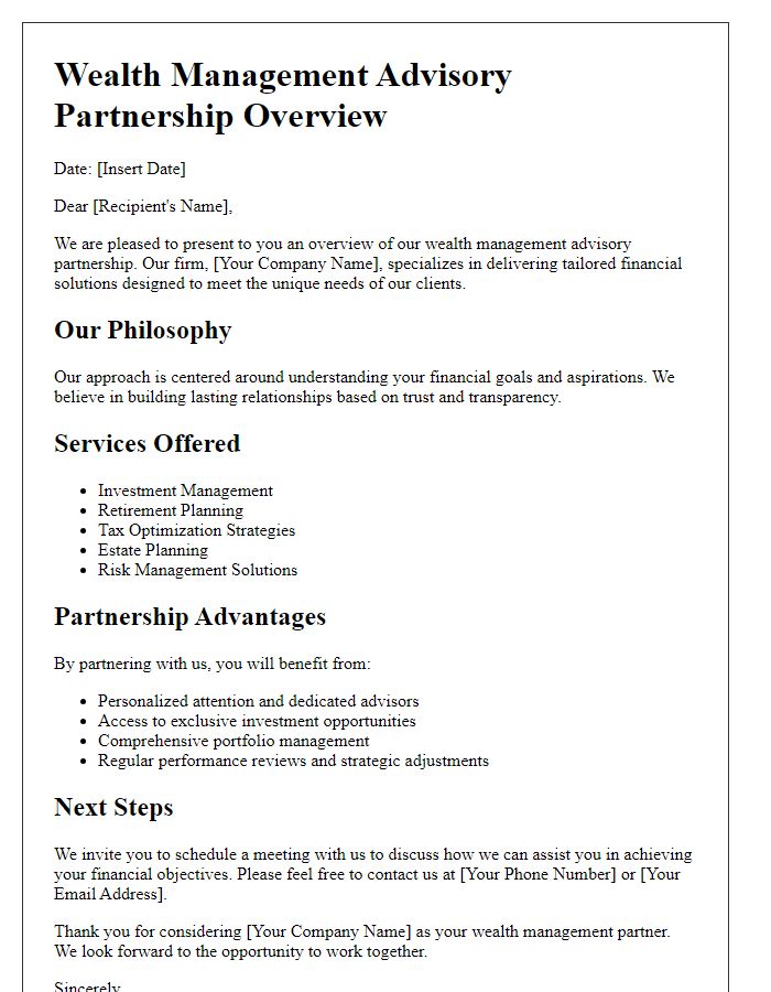 Letter template of wealth management advisory partnership overview