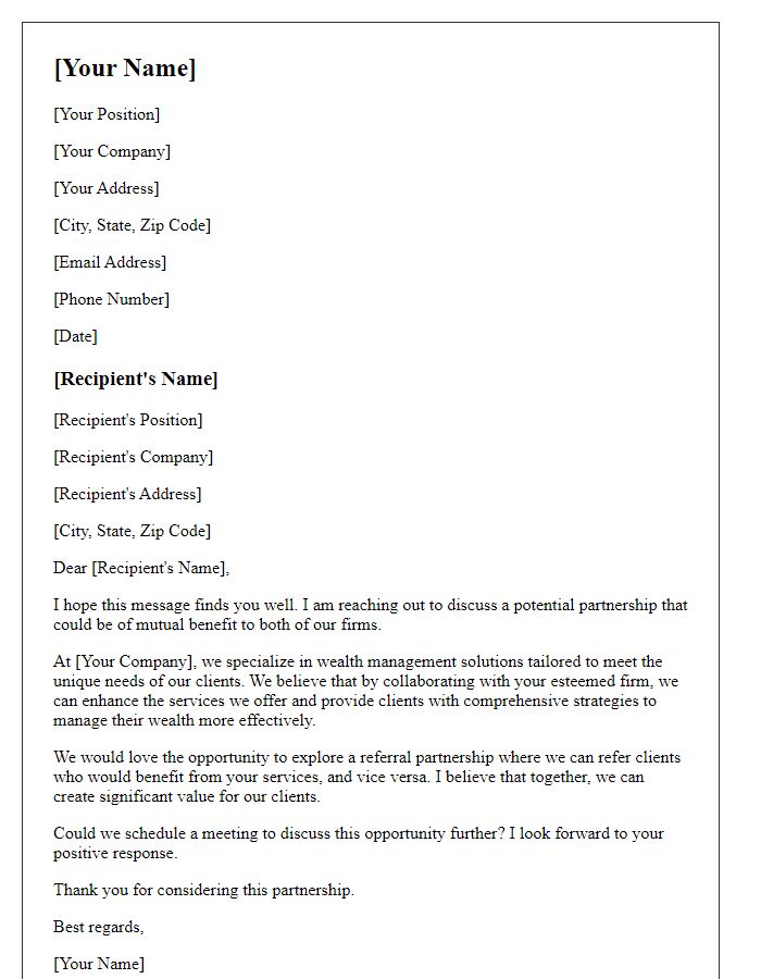 Letter template of wealth management referral partnership request