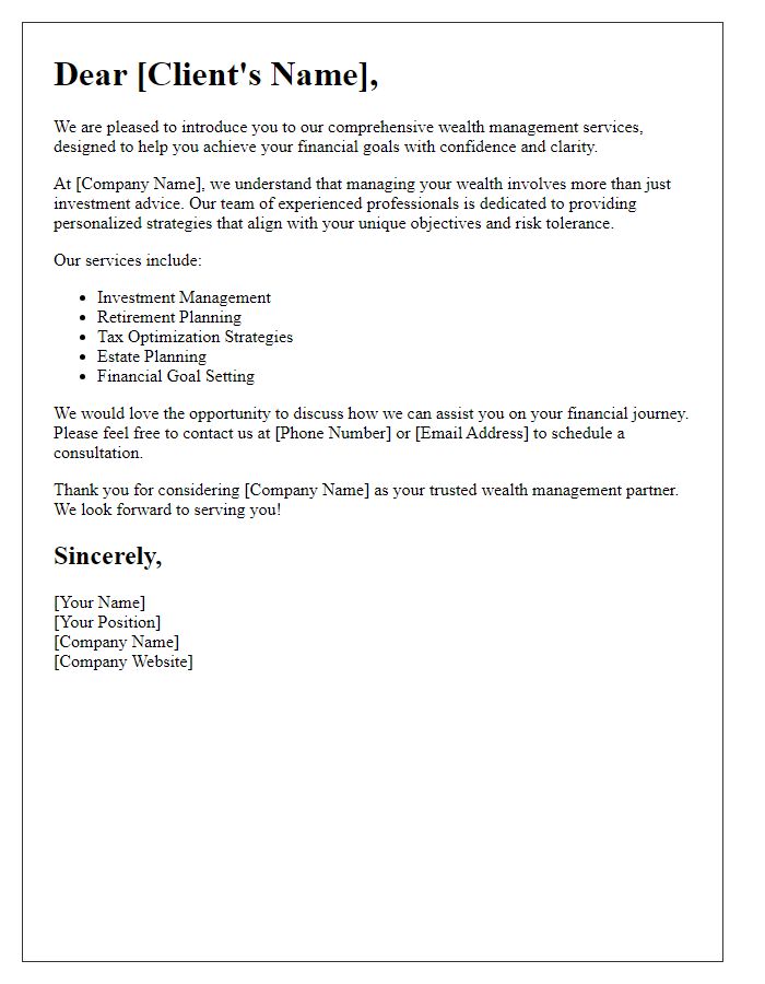 Letter template of wealth management service introduction