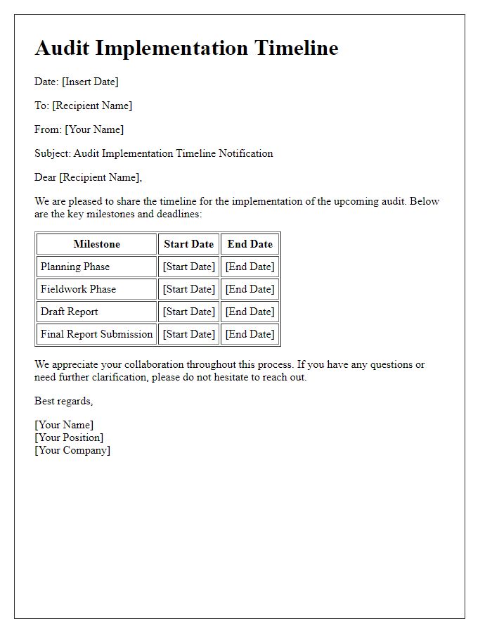 Letter template of audit implementation timeline