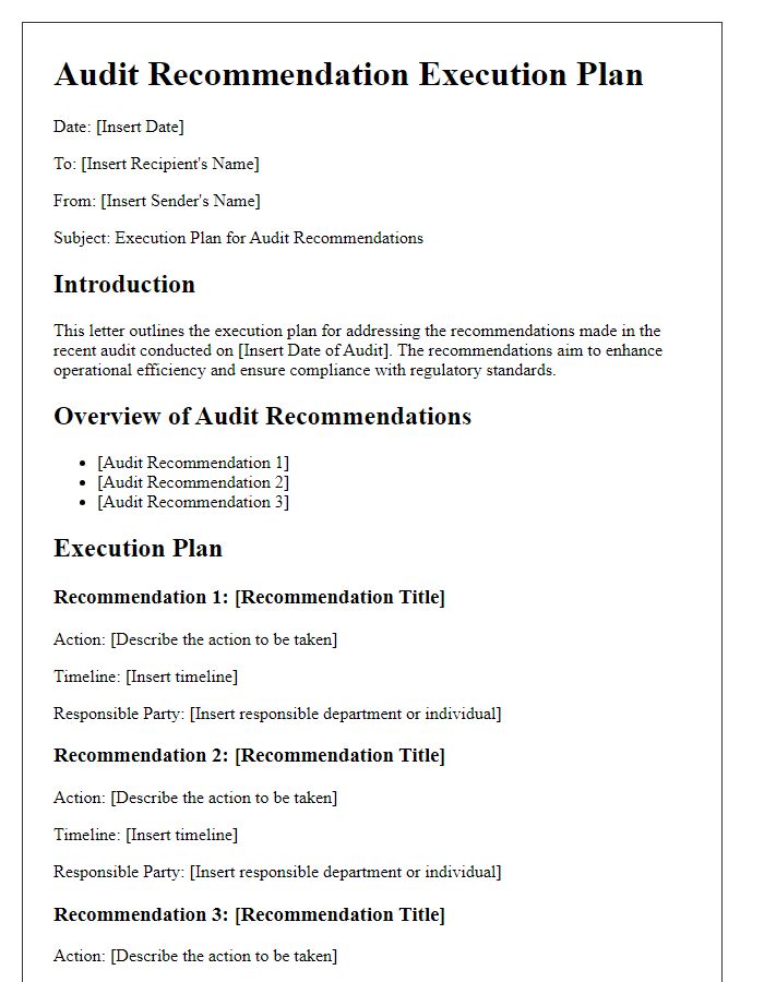 Letter template of audit recommendation execution plan