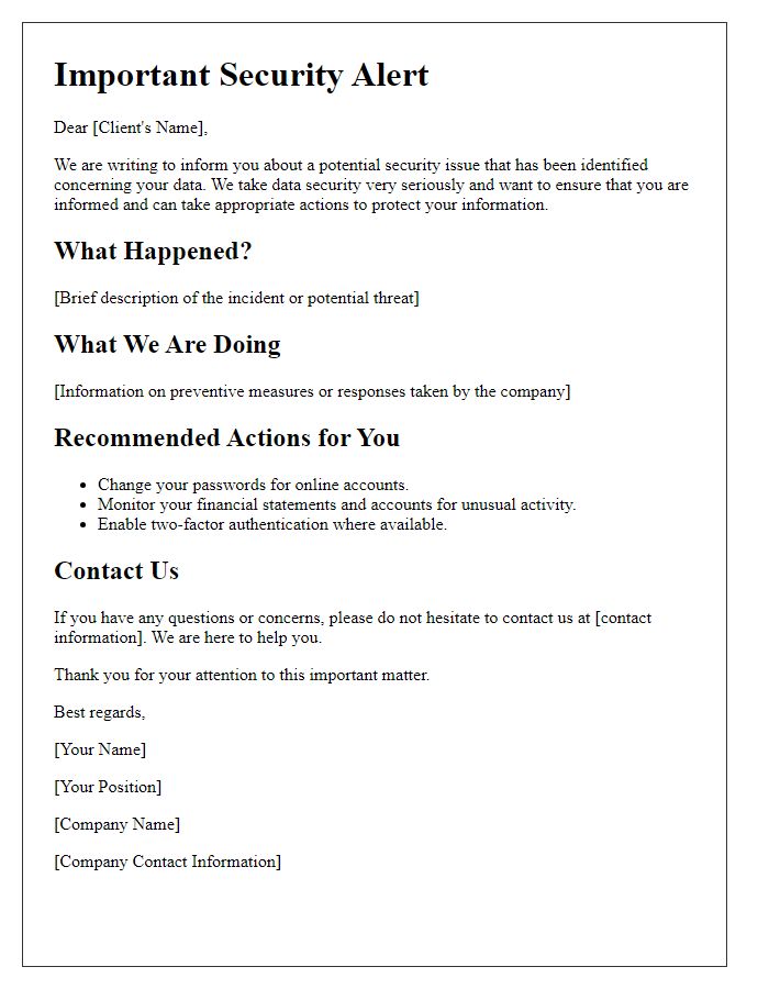 Letter template of Client Data Security Alert and Guidance