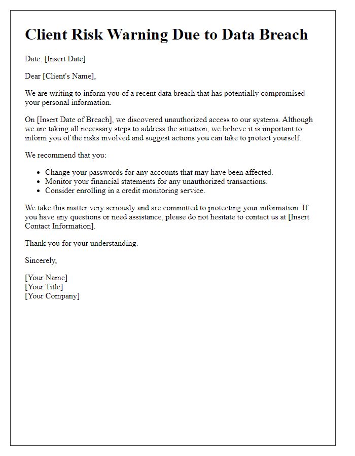 Letter template of Client Risk Warning Due to Data Breach