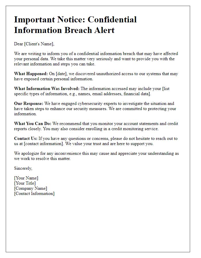 Letter template of Confidential Information Breach Alert for Clients