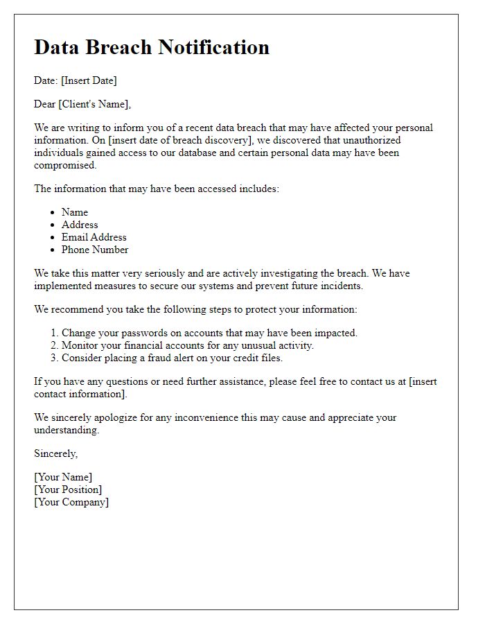 Letter template of Data Breach Notification for Affected Clients