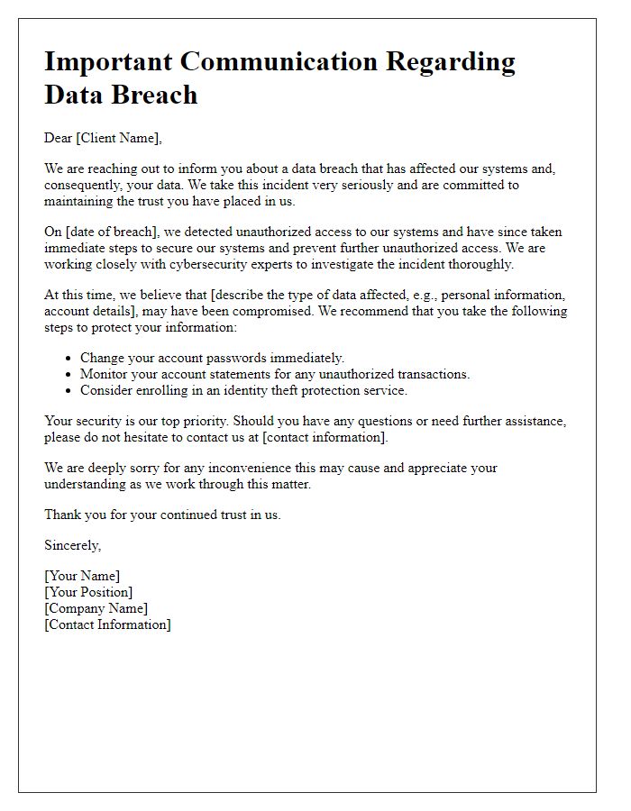 Letter template of Important Client Communication on Data Breach