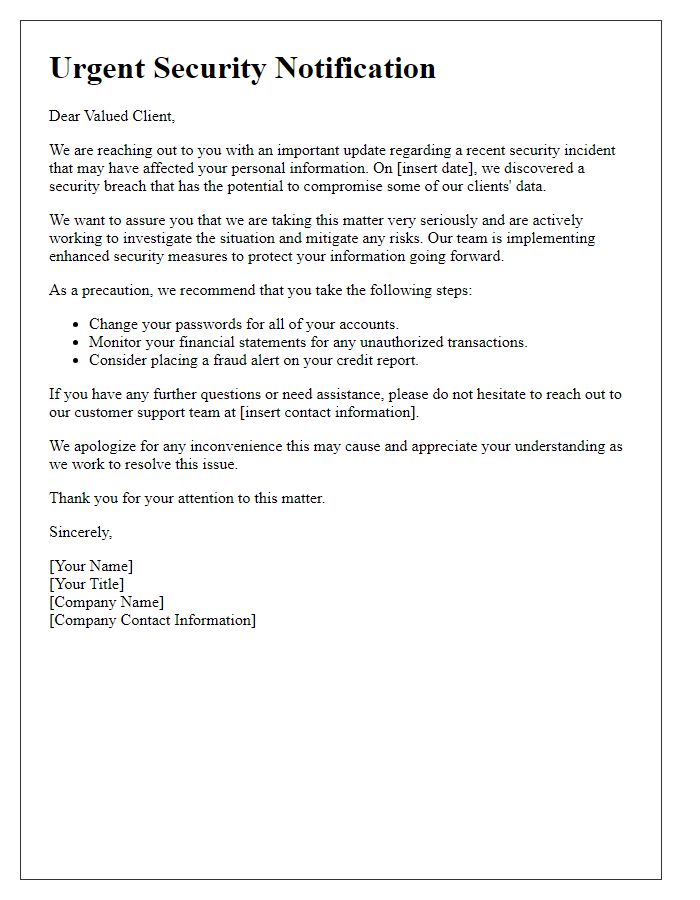 Letter template of Urgent Notification to Clients on Security Breach