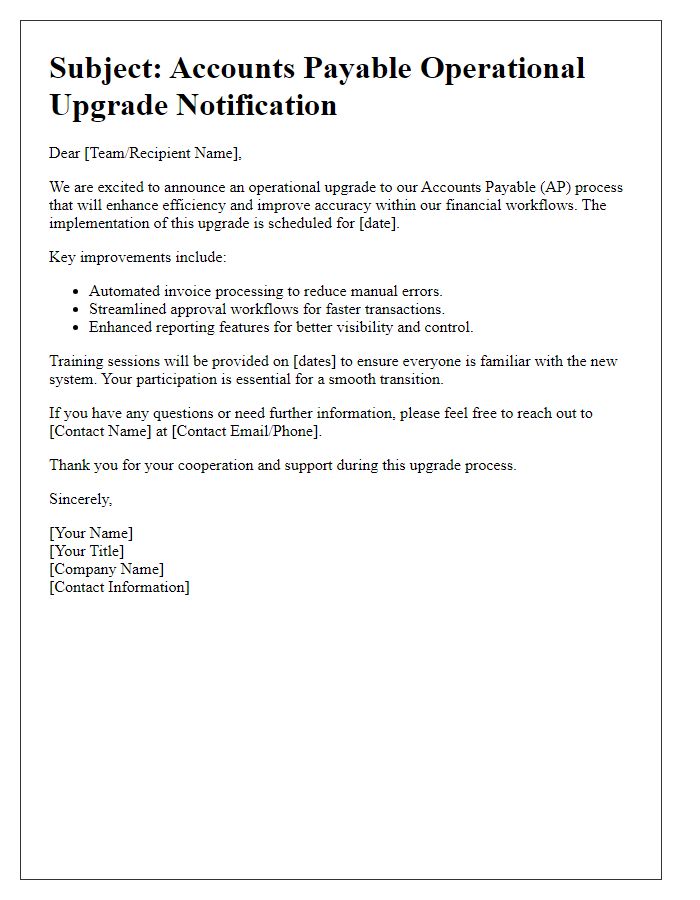 Letter template of accounts payable operational upgrade