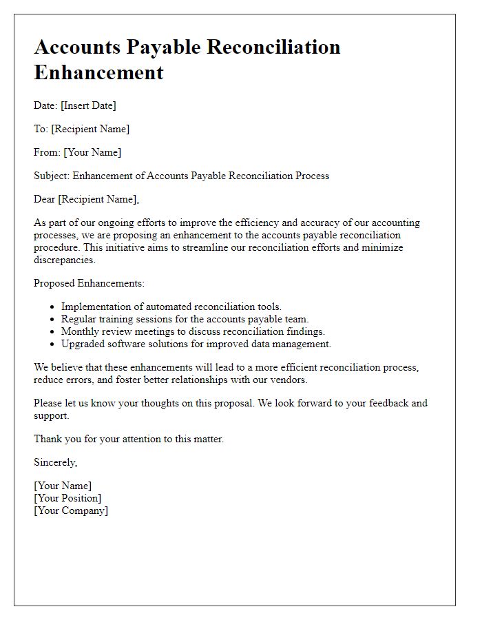 Letter template of accounts payable reconciliation enhancement