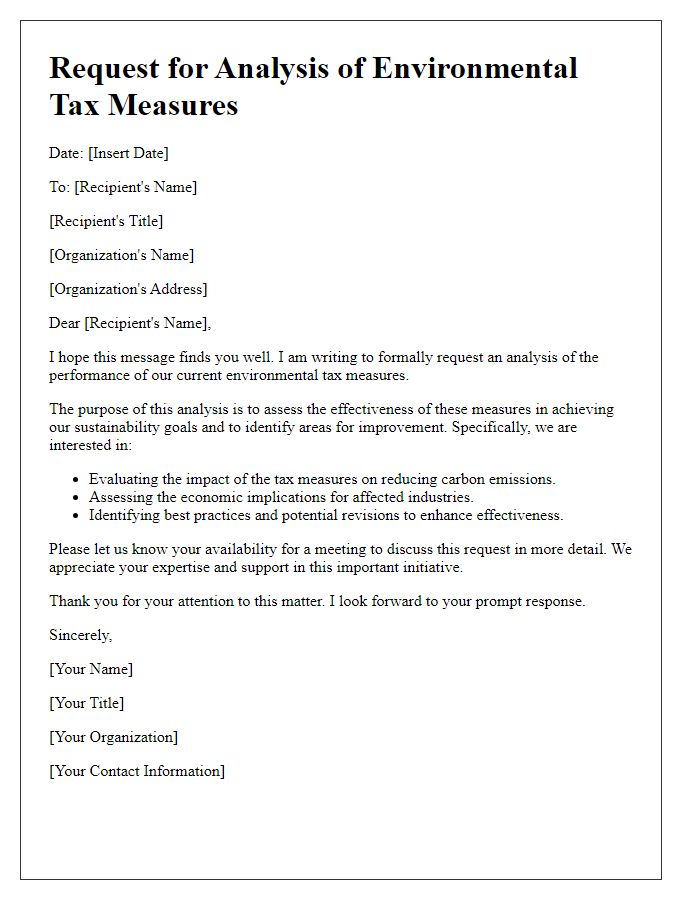 Letter template of analysis request for performance of environmental tax measures.