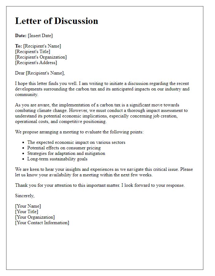 Letter template of discussion on carbon tax impact assessment.