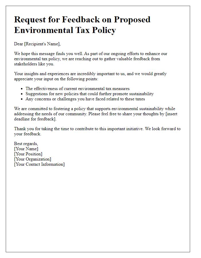 Letter template of feedback request on environmental tax policy.