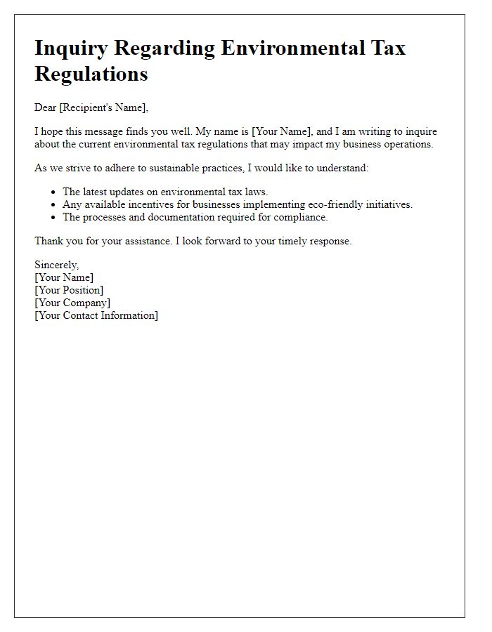 Letter template of inquiry regarding environmental tax regulations.