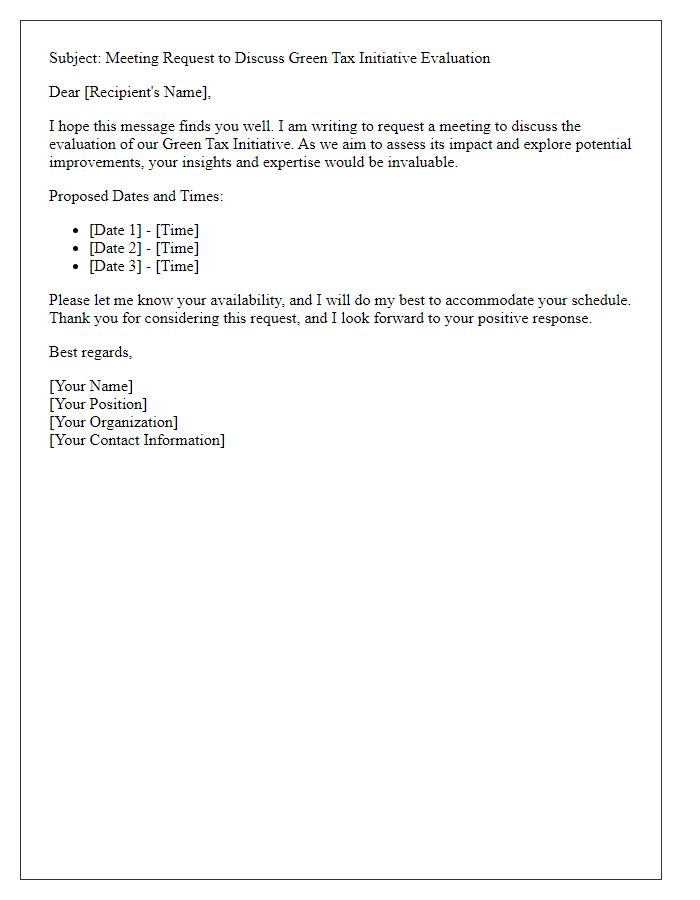 Letter template of meeting request for green tax initiative evaluation.