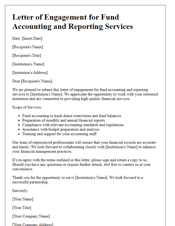 Letter template of fund accounting and reporting services for educational institutions