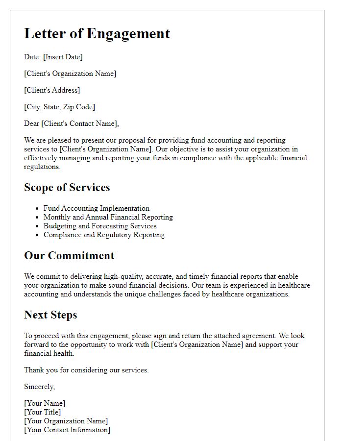 Letter template of fund accounting and reporting services for healthcare organizations