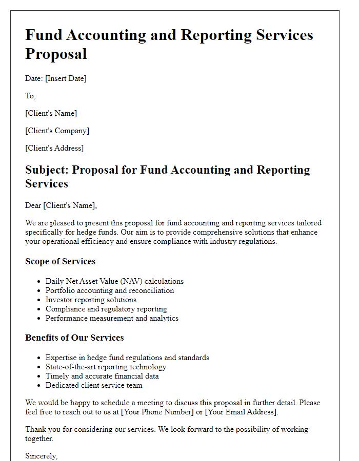 Letter template of fund accounting and reporting services for hedge funds