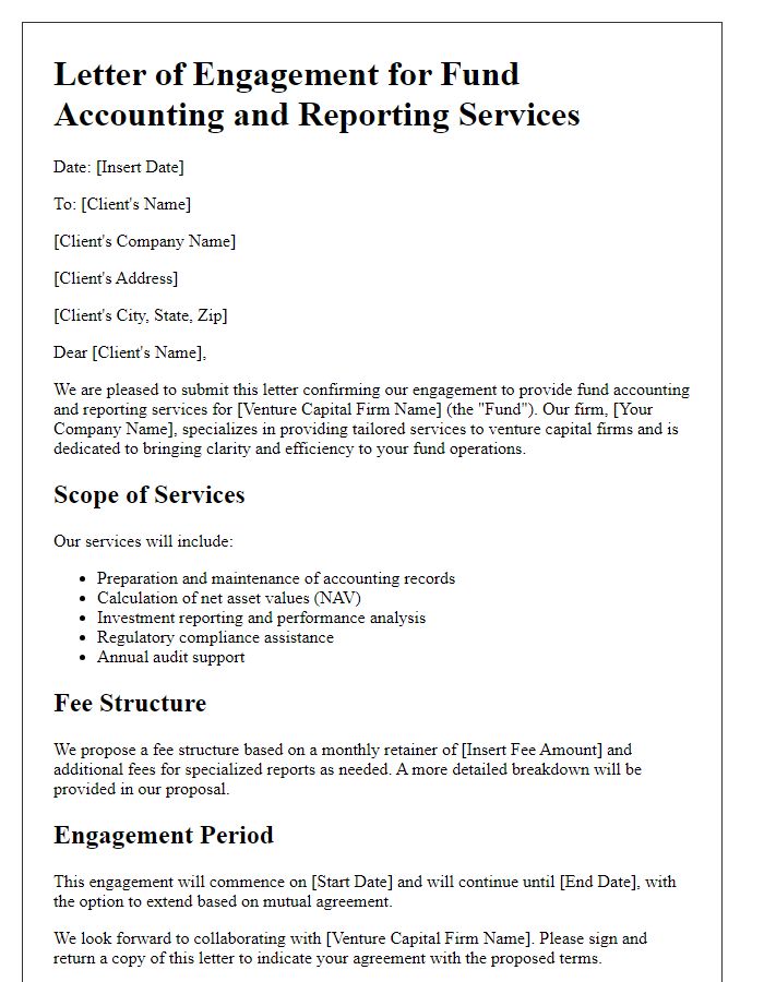 Letter template of fund accounting and reporting services for venture capital firms