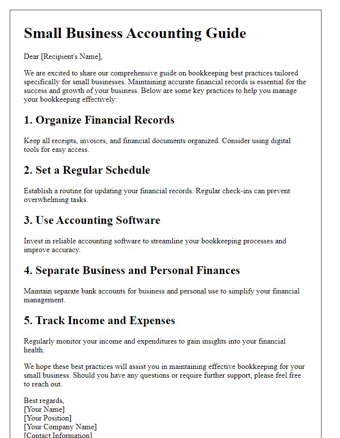 Letter template of small business accounting guide for bookkeeping best practices.