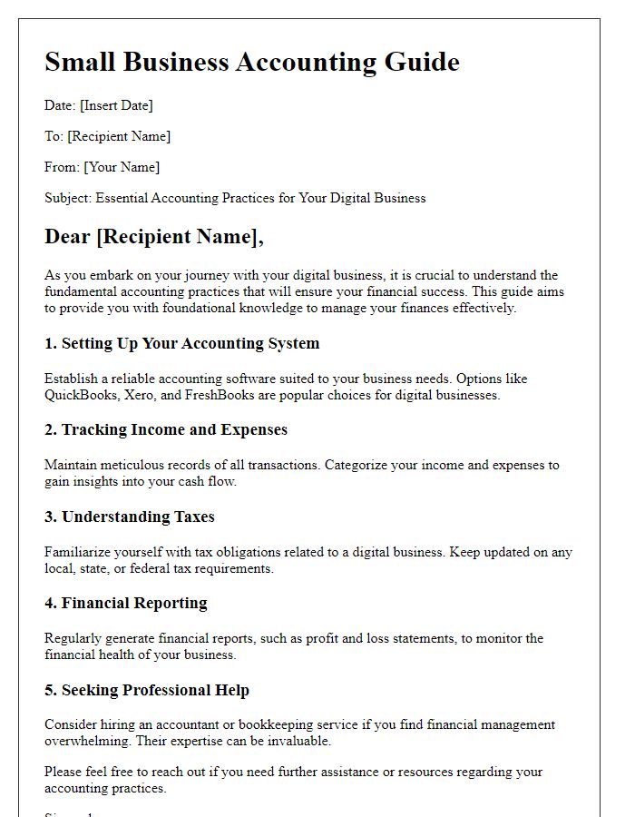 Letter template of small business accounting guide for digital business solutions.