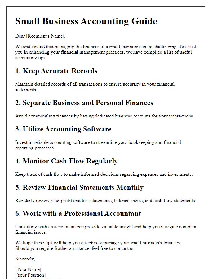 Letter template of small business accounting guide for financial management tips.