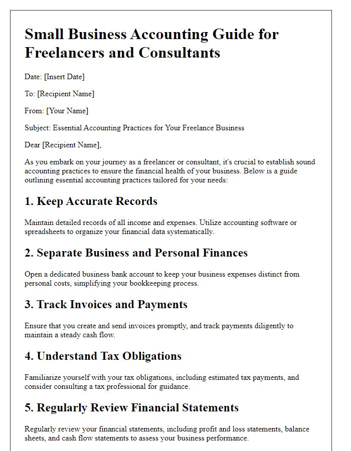 Letter template of small business accounting guide for freelancers and consultants.