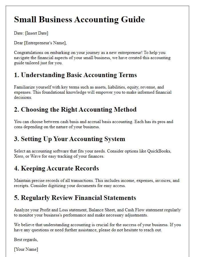 Letter template of small business accounting guide for new entrepreneurs.