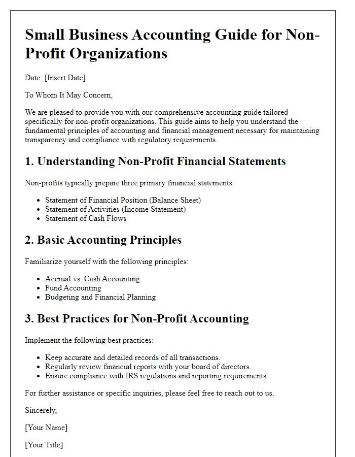 Letter template of small business accounting guide for non-profit organizations.