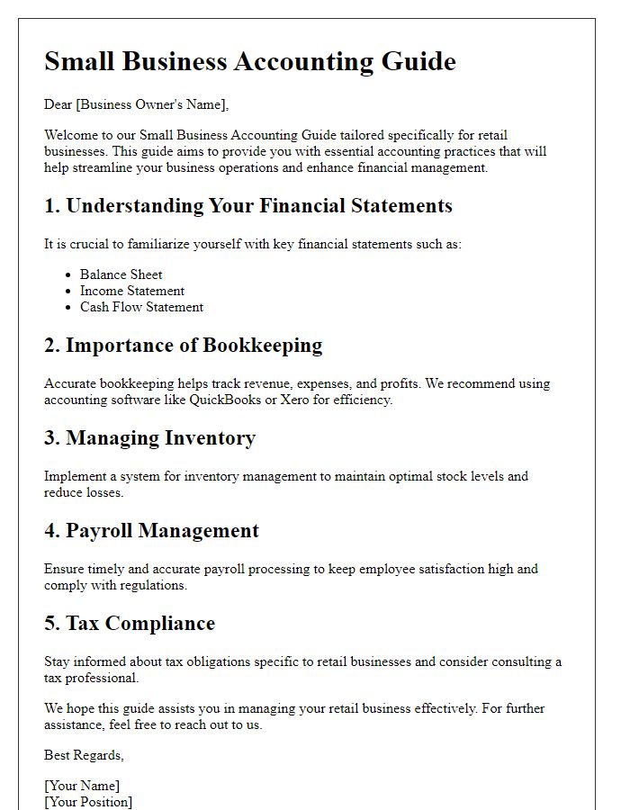 Letter template of small business accounting guide for retail businesses.