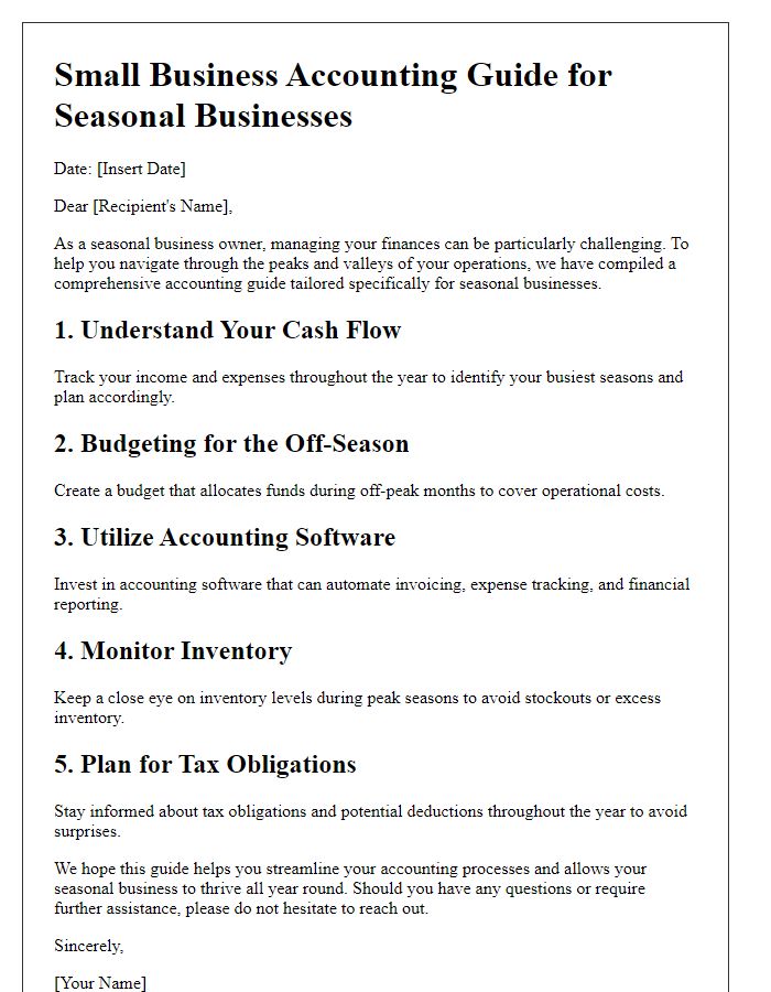 Letter template of small business accounting guide for seasonal businesses.